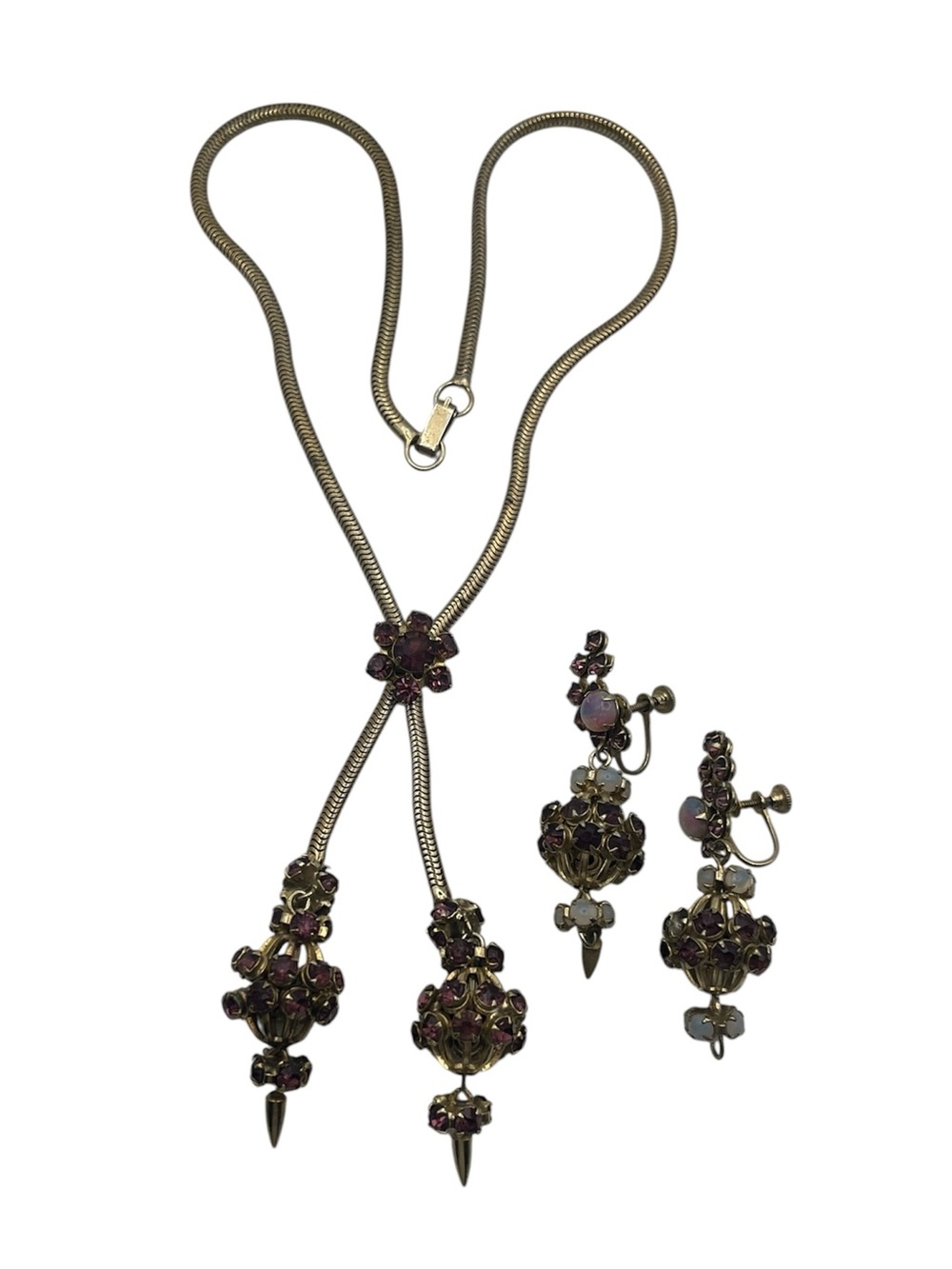 Purple rhinestone gold tone lariat adjustable necklace & screw back earrings set